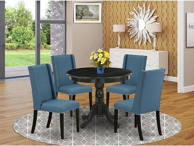 East West Furniture ANFL5-ABK-21 5 Piece Dinette Set for 4 Includes a Round Kitchen Table with Pedestal and 4 Blue Linen Fabric Parsons Dining Chairs, 36x36 Inch, Wirebrushed Black