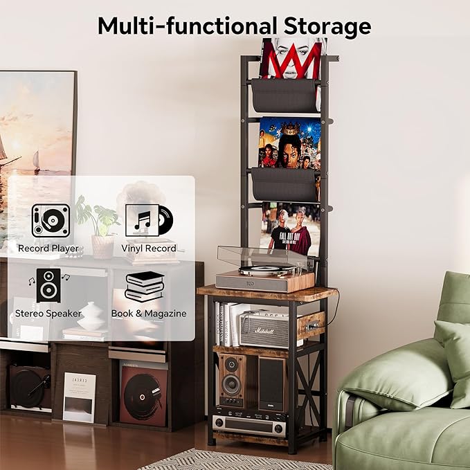 Record Player Stand with Power Outlet, 6 Tier Vinyl Record Display Shelf, Record Player Table with album storage up to 200 Albums, Console Organizer Display Shelf, Gifts for Music Lovers