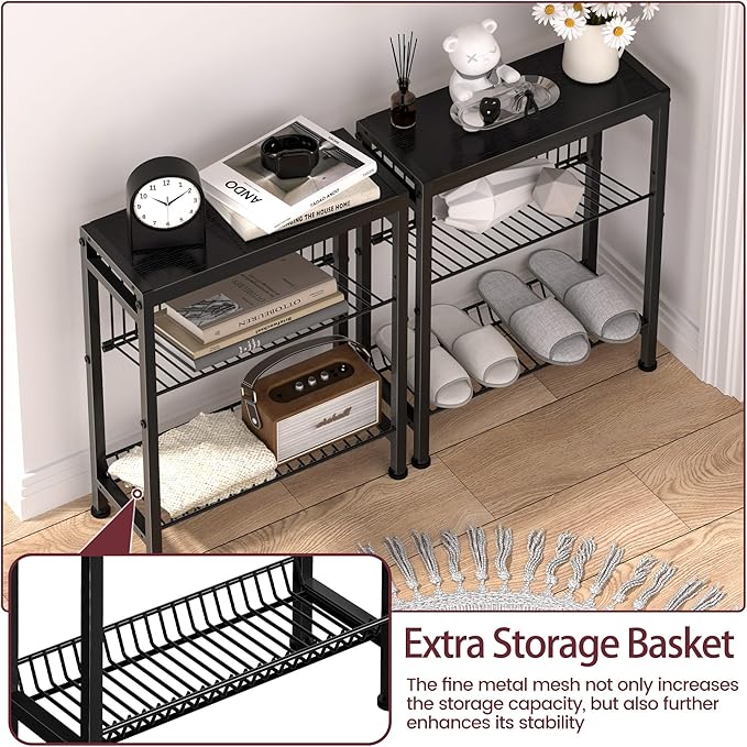 Narrow Side Table for Small Space, 3-Tier End Table with Magazine Holder, Slim Nightstand with Wire Shelf, Skinny Bedside Table in Living Room, Bedroom, Study, Kitchen and Balcony (Black)