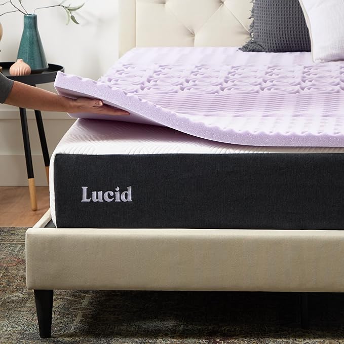 Lucid Lavender Infused 2 Inch Memory Foam Mattress Topper - Full Size - Plush Feel - 5 Convoluted Zones - CertiPUR Certified - New Home Owner & Dorm Room Essentials