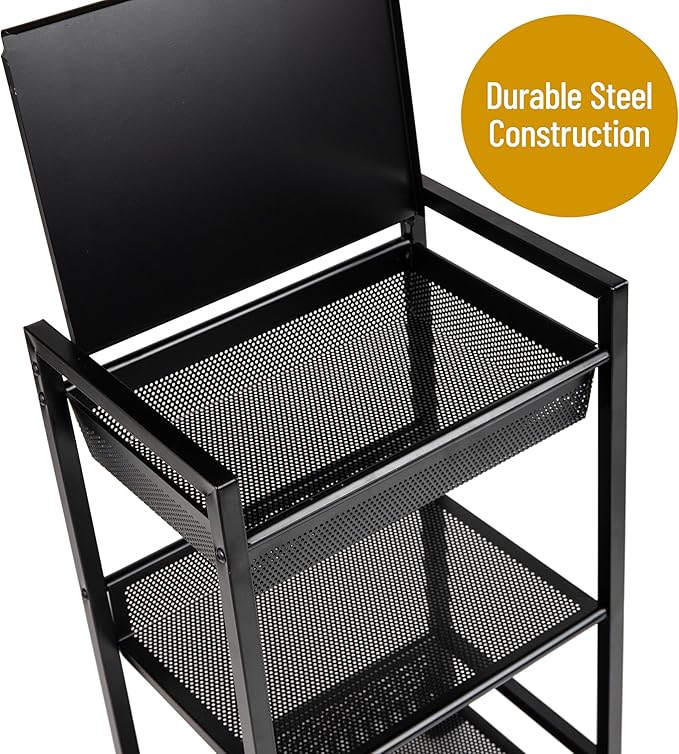 Mind Reader Cart with Covered Compartment, Office Organizer, Storage, 3-Tier, Office, Metal, 15.5" L x 11" W x 28.25" H, Black