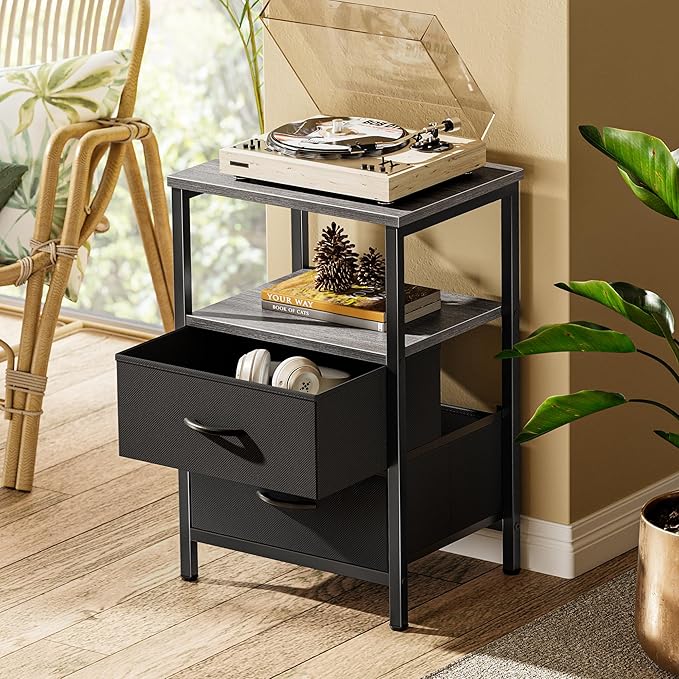 Huuger Night Stand Set of 2, Nightstand with 2 Drawers, Bed Side Table with Open Shelf, Wooden Top, End Table, Fabric Drawer, for Bedroom, Grey