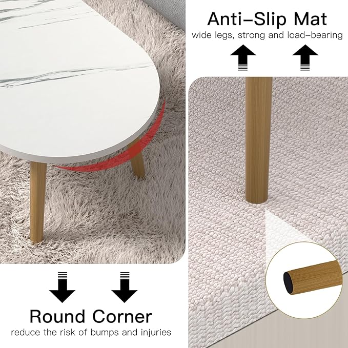 Small Coffee Table for Small Space, Low Table, Floor Table Desk for Sitting on The Floor, Japanese Coffee Table for Living Room, Tatami Tea Tables with Solid Wood Legs, Oval Coffee Tables, White