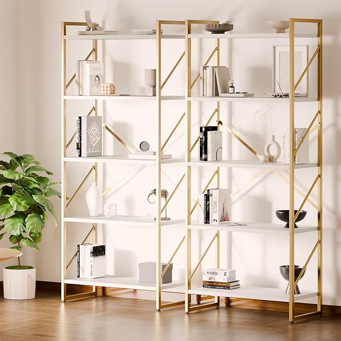 Shintenchi 5 Tiers Bookshelf, Classically Tall Bookcase Shelf,Industrial Book Rack,Modern Book Holder in Bedroom/Living Room/Home/Office, Storage Rack Shelves for Books/Movies,Gold