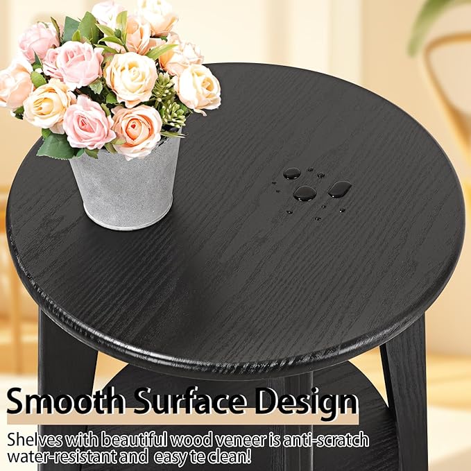 Side End Table Round Black Beside Table Sofa Table Nightstand Modern End Table 2-Tier Small Accent Tables Great for Small Spaces Living Room Bedroom