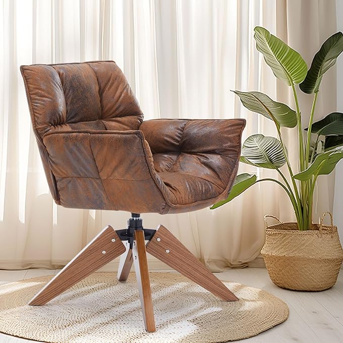 Mid Century Accent Chair, Hot Stamping Cloth Desk Chair no Wheel, Modern Cozy Vanity Chair Advanced & Wear-Resistant with Amrest, Wood Legs for Living Room, Reading Room, Bedroom, Brown