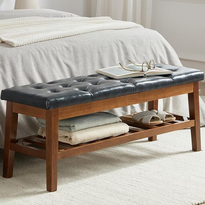 Upholstered Shoe Bench Entryway Bench for Bedroom, End of Bed, Ottoman Bench Tufted Padded Seat with Solid Wood Shelf for Living Room, Faux Leather Ink Blue