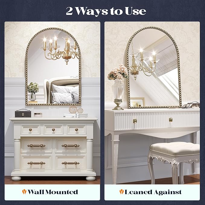 Beaded Arched Mirror for Wall, 24"x38" Gold Arch Bathroom Vanity Mirror, Retro Brass Metal Frame Decorative Mirror for Bedroom Dressing Room Entryway Fireplace