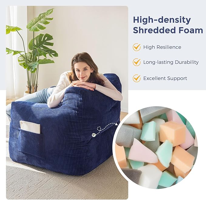 MAXYOYO Bean Bag Chair, Tufted Bean Bag Couch Lazy Chair, Living Room Sofa Couch with Filler for Adult Teens Kids, Corded Fabric Accent Sofa for Bedroom Dorm, Navy