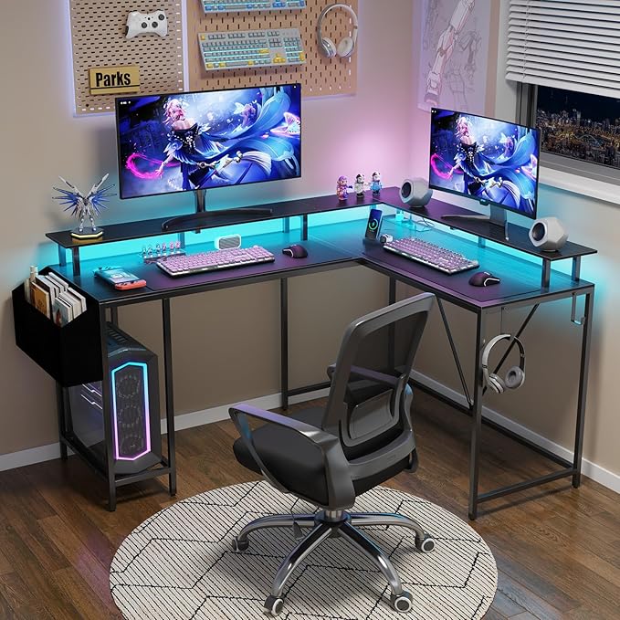 53inch L Shaped Desk,L Shaped Gaming Desk with Power Outlets & LED Lights, Computer Desk with Monitor Stand & Storage Bag, Home Office Desk Corner Desk with Hooks, Easy to Assemble, Black