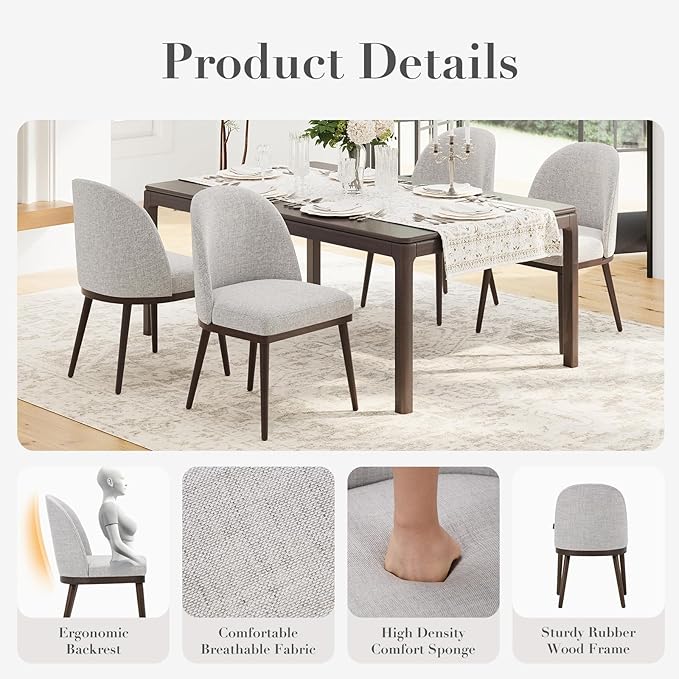 COLAMY Upholstered Dining Chairs Set of 6, Large Dining Room Kitchen Chairs with High Back and Deep Seat, Modern Fabric Dinner Chairs with Wood Legs, Light Grey