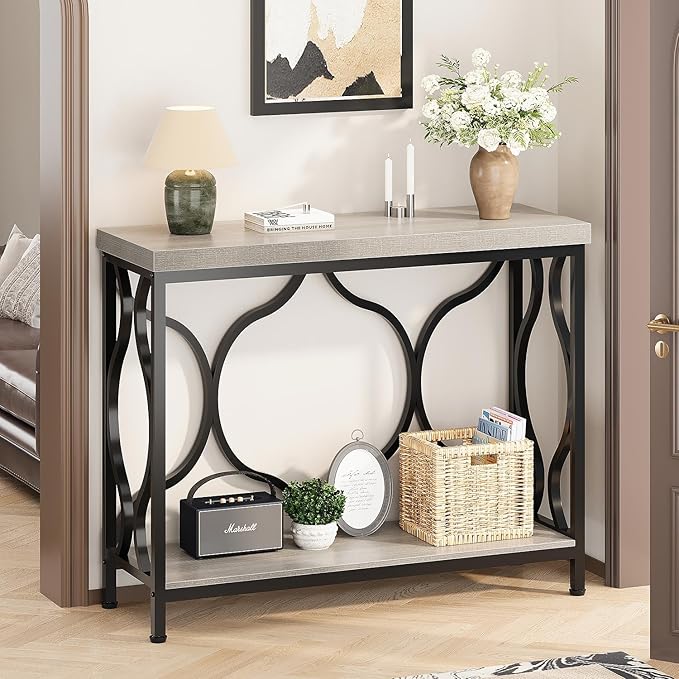 IBF Entryway Table with Storage, Modern Wood Metal Console Sofa Table Behind Couch Tables, Industrial Narrow Hallway Table for Small Living Room Home Office Foyer Entry Way Entrance, Grey, 39.4 Inch