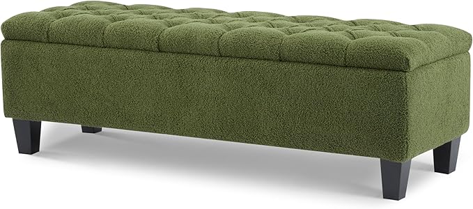 Christopher Knight Home Ottilie Boucle Fabric Storage Ottoman Bench, Wooden Rectangular Ottoman with Storage, Bedroom End of Bed Foot Stool, Entryway Ottoman Footrest, Living Room Extra Seat, Green
