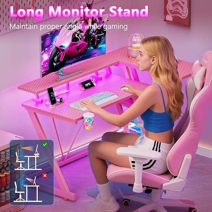 40 Inch Pink Gaming Desk with Power Outlet & LED Lights, Corner Computer Desk with 3 Tiers Storage Shelves, L Shaped Gaming Desk with Monitor Stand for Bedroom