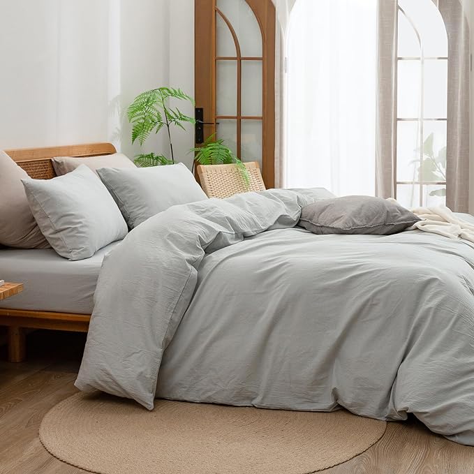 BESTOUCH Duvet Cover Set 100% Washed Cotton Linen Feel Super Soft Comfortable Chic Lightweight 3 PCs Home Bedding Set Solid Northern Droplet Grey Super King Plus