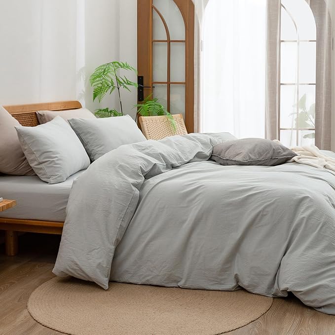 BESTOUCH Duvet Cover Set 100% Washed Cotton Linen Feel Super Soft Comfortable Chic Lightweight 3 PCs Home Bedding Set Solid Northern Droplet Grey Super Queen