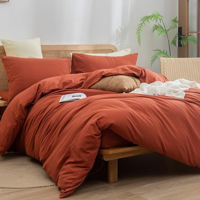 BESTOUCH Duvet Cover Set 100% Washed Cotton Linen Feel Super Soft Comfortable Chic Lightweight 3 PCs Home Bedding Set Solid Burnt Brick Red Queen