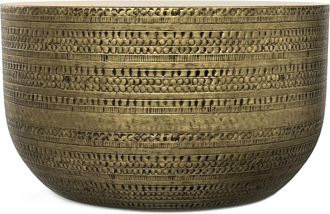 SIMPLIHOME Johnsen 30-inch Wide Metal Drum Coffee Table in Antique Gold, Boho-Style Cocktail Table for Living Room or Family Room, Assembled