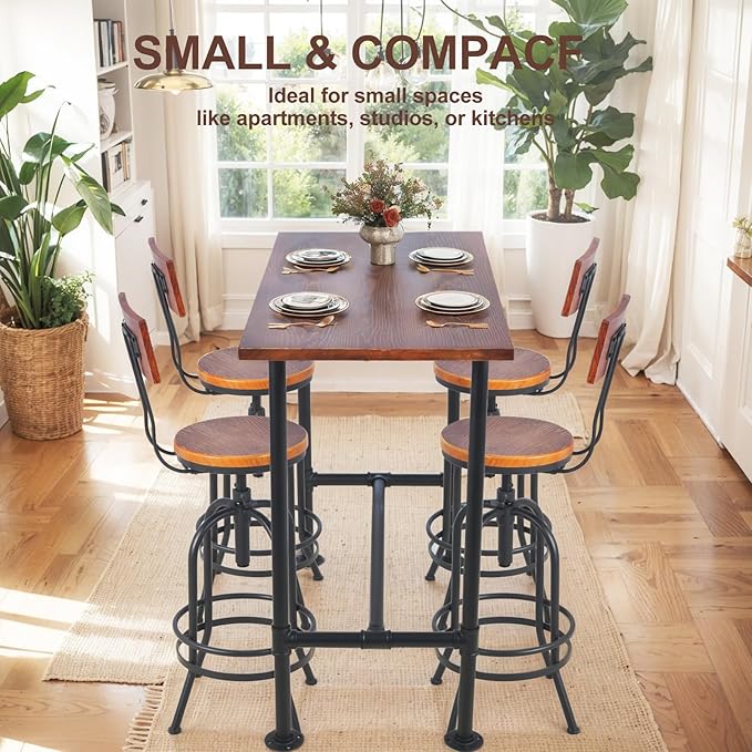 Industrial 41.3inch Height Bar Table Vintage Pipe Design Bistro Table Rustic Kitchen Dining Breakfast Desk Farmhouse Office Computer Desk Wooden Top Pub Coffee Table