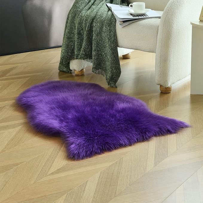 duduta Purple Faux Sheepskin Throw Rug 2x3 ft, Fluffy Shag Fur Chair Cover Small Bedside Dorm Rug Non Slip Machine Washable