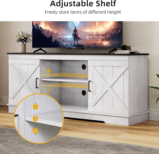 DWVO Farmhouse TV Stands for Living Room, Entertainment Center with Storage, TV Stand for 65 Inch TV with Double Barn Doors & Storage Cabinets, Rustic TV Cabinet Media Console, Espresso & Grey White