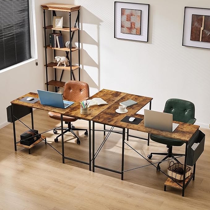 Whitmor L Shaped Gaming Desk - 50 Inch Reversible Corner Computer Desk with Wood Top, Metal Frame, CPU Stand & Side Bag, Home Office Dorm Sturdy Writing Workstation, Brown