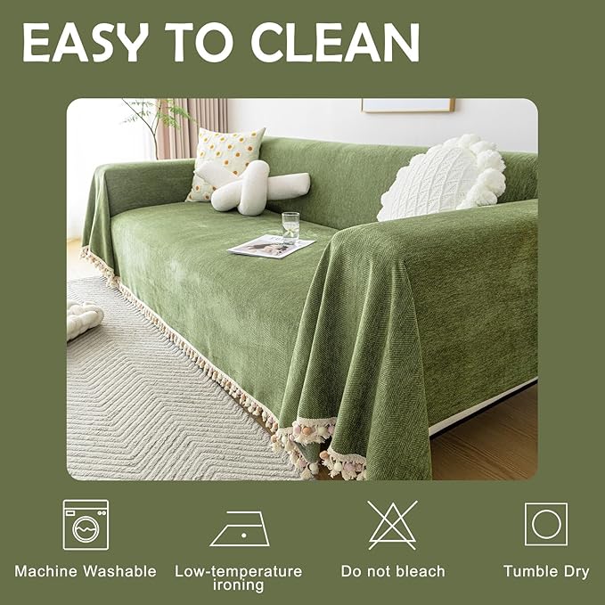 HANDONTIME Green Sofa Cover Vintage Couch Cover for Dogs 71" X118" Couch Cushion Covers with Tassel Herringbone Sofa Cover Boho Sofa Covers for 3 Cushion Couch Chenille Soft Loveseat Sofa Covers