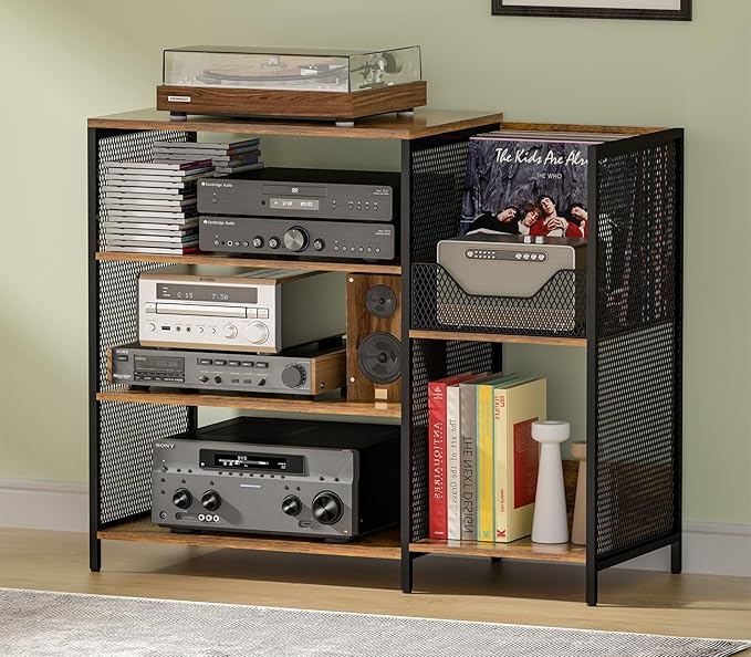 Large Record Player Stand Table with Vinyl Record Holder Up to 150PCS, AV Media Stand Stereo Cabinet Shelf Rack Tower with Storage, Sturdy, Adjustable Feet, Rustic, Large Capacity