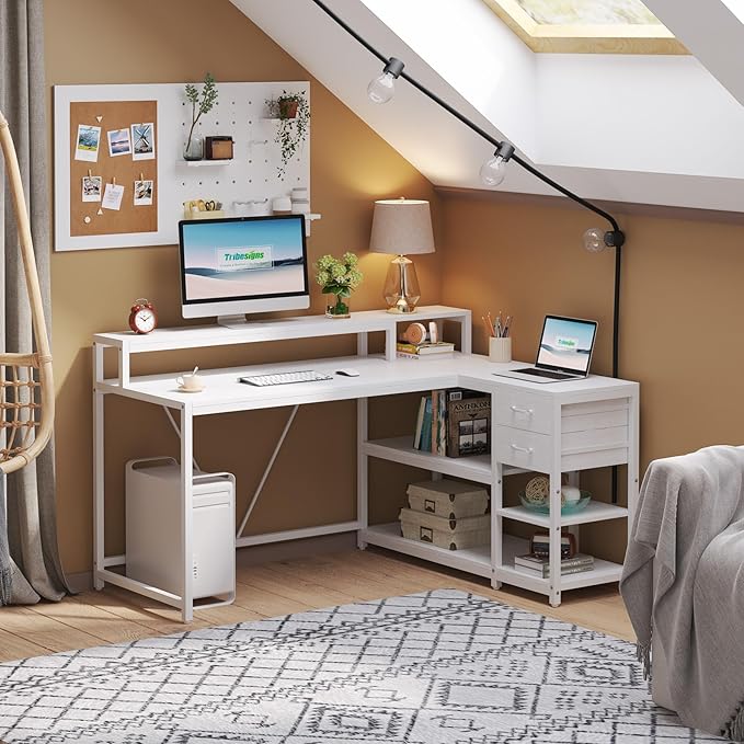 Tribesigns 55-inches Reversible L Shaped Desk with Drawer, Modern White L Corner Desk Home Office Table with Storage Shelves and Monitor Stand, Wooden and Metal PC Desk for Small Space