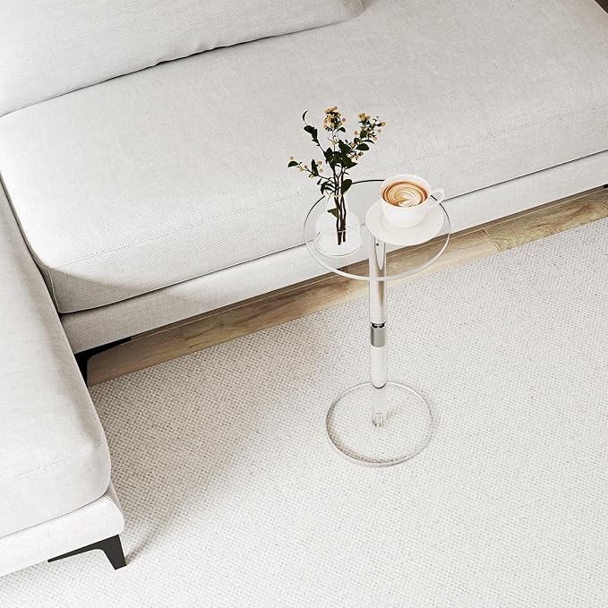 HMYHUM Acrylic Drink Table for Small Spaces, 10" L x 10" W x 21.3" H, Drink Side/End Table for Living Room, Round, Easy Assembly, Clear