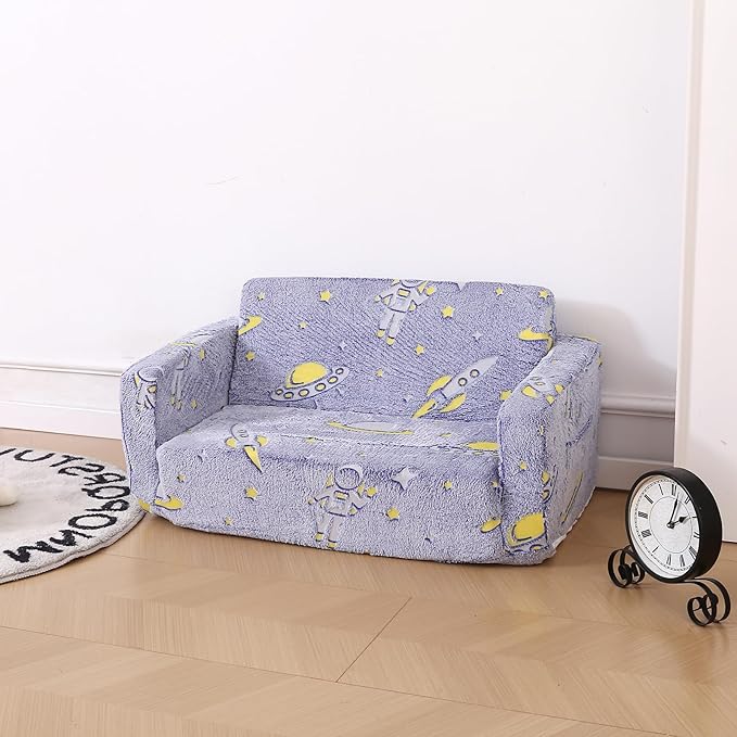 Foldable Kids Sofa,Soft Kids Fold Out Couch Glow in The Dark,Convertible Sofa to Lounger Toddler Sofa Chair(Space