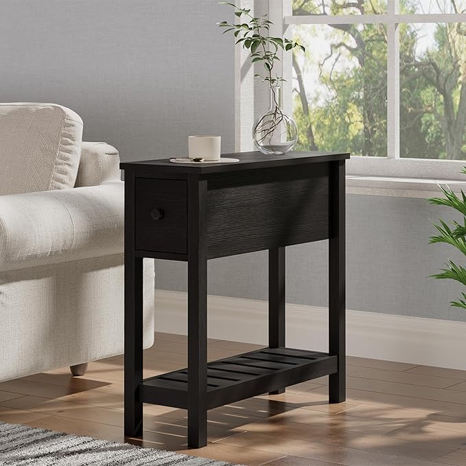 ChooChoo Narrow End Table, Small Side Table for Small Spaces, Slim End Table with Drawer, Narrow Nightstand Bedside Table for Living Room Bedroom, Black, 2 Pack