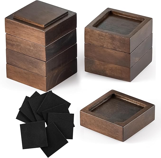 FASONLA Bed Risers, Furniture Risers (Set of 8) Lifts Height 1", 2", 3" or 4", Solid Natural Wood Risers, Non-Slip Recessed Hole to Heavy Bed/Furniture (Walnut Color)
