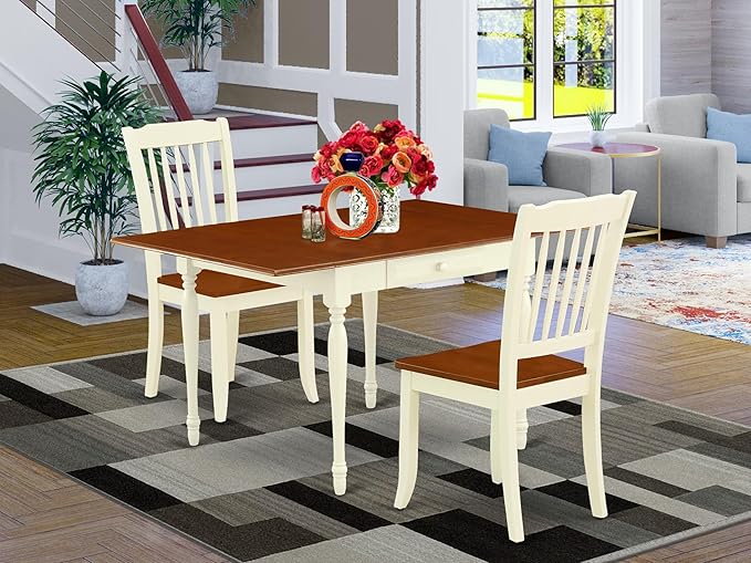 East West Furniture MZDA3-WHI-W 3 Piece Dining Table Set for Small Spaces Contains a Rectangle Dining Room Table with Dropleaf and 2 Wooden Seat Chairs, 36x54 Inch, Buttermilk & Cherry