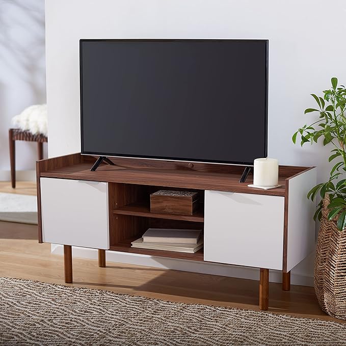 SAFAVIEH Diara TV Stand for up to 55" Flatscreen – Walnut & White, 2 Doors with Interior Storage, 2 Open Shelves, Entertainment Media Console (MED9603A)