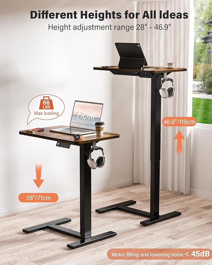 Mobile Standing Desk with Wheels - Electric Height Adjustable Small Movable Laptop Desk, Portable Rolling Computer Sit Stand Side Table for Home Office, Sofa&Bedside Use (23.6",Rustic Brown)