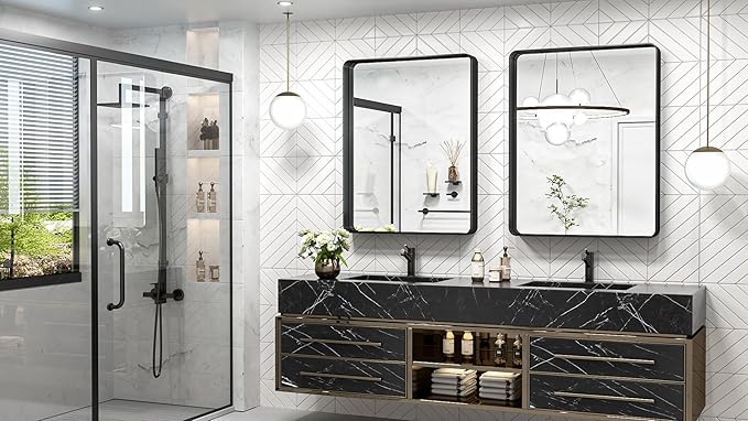 TokeShimi 30 x 36 Inch Black Bathroom Mirror for Wall Vanity Mirror with Non-Rusting Aluminum Alloy Metal Frame Rounded Corner for Modern Farmhouse Home Decor (Horizontal/Vertical)