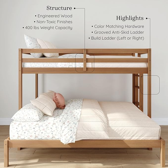 Grain & Grove Bear Twin XL Over Queen Bunk Bed, Sturdy Bunk Bed Frame for Kids, Plywood Bunk with Ladder, Guardrail, and Slats, No Box Spring Required, Oak Embossed Pecan