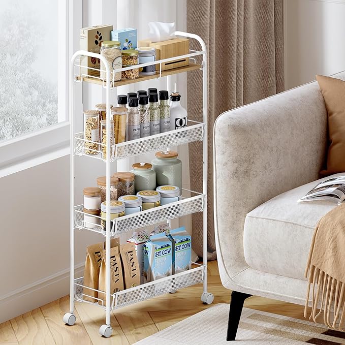 KINGRACK Metal Slim Rolling Cart,4-Tier Metal Utility Cart,Storage Cart with Wooden Tabletop, for Narrow Space on Laundry Bathroom Kitchen Room Bedroom Apartments Dormitory (Pure White, Slim)