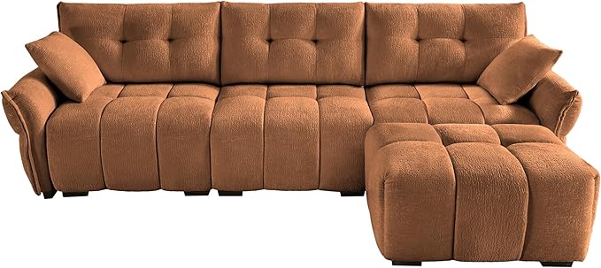 Modern Chenille Fabric 3-Seat Sofa w/Ottoman+2 Pillows, Premium Upholstery Living Room Couch with Tufted Backrest & Comfortable Armrests and High-Resilience Memory Foam Cushions,Orange