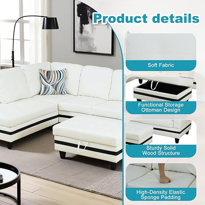 L Shaped Couch PU Leather Sectional Couch Upholstered 3 Pieces Sofas for Living Room with Chaise, Storage Ottoman for Office and Small Apartment, Black and White