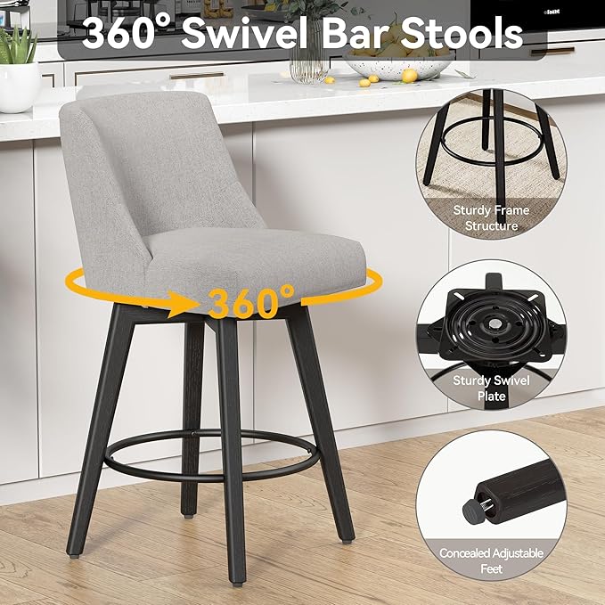 Counter Height Swivel Bar Stools Set of 6, 26 Inch Bar Stools with Footrest, Linen Fabric Upholstered Barstools with Back and Solid Wood Legs for Kitchen Island, Dining Room,Pub,Light Grey