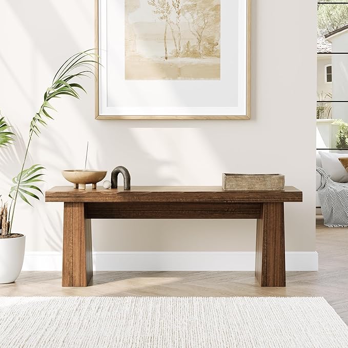 LITTLE TREE 47-Inch Wooden Entryway Bench, Farmhouse Dining Bench with Sturdy Frame for Dining Room, Bedroom, Living Room Hallway Kitchen, Easy Assembly (Mahogany)