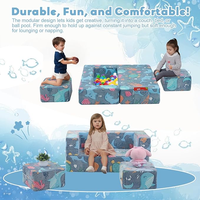 MeMoreCool Modular Kids Couch, Glow Play Toddler Couch for Bedroom Playroom, Convertible Foam Kids Sofa Bed, Fold Out Baby Sofa for Girl Boy