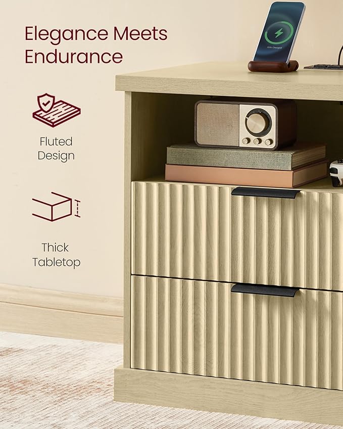 VASAGLE MAXE Collection - Nightstand with Charging Station, Bedside Table, Side End Table with 2 Drawers, Open Shelf, 2 AC Outlets, 2 USB Ports, Transitional, for Bedroom, Oak Beige ULET626Y01S