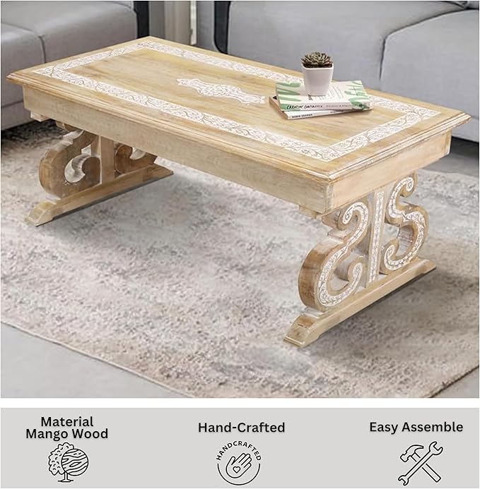 Lightnpro Mango Wood Rectangular Coffee Table - Living Room Center Table, Rustic Vintage Charm, Eco-Friendly Furniture, Reclaimed Wood - 40x18 Inch White Wash Finish