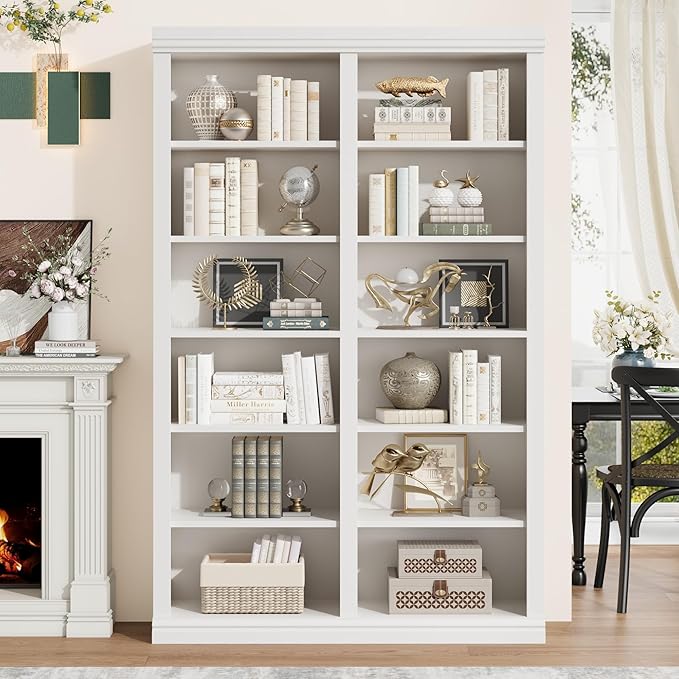 74.5" Tall Bookshelf with Double Storage, Extra Large Bookshelf, 6-Tier Double Wide Bookshelves w/ 12 Cubbies, Wide Freestanding Bookcases for Livingroom Office Library (White)