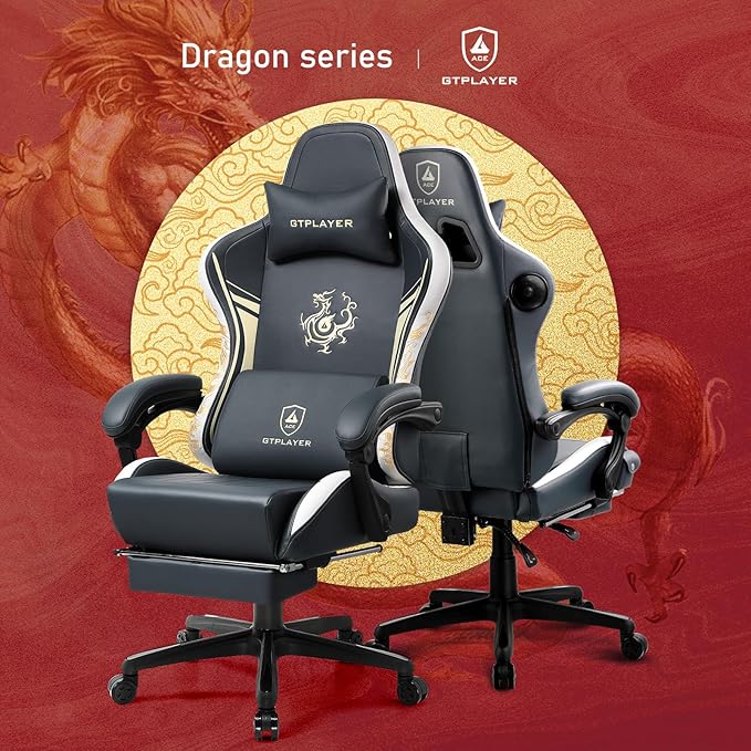 GTPLAYER Gaming Chair with Bluetooth Speakers and Footrest, Dragon Series Video Game Chair, Heavy Duty, Ergonomic, Esports Computer Office Chair,(BLUEGRAY)