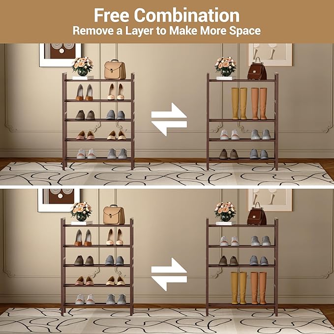 Haddockway Bamboo Shoe Rack for Closet, Free Standing Shoe Organizer with Smooth Round Rods & Convenient Handles, Stackable Shoe Storage Shelf for Entryway, Hallway(Brown, 5-Tier(Small))