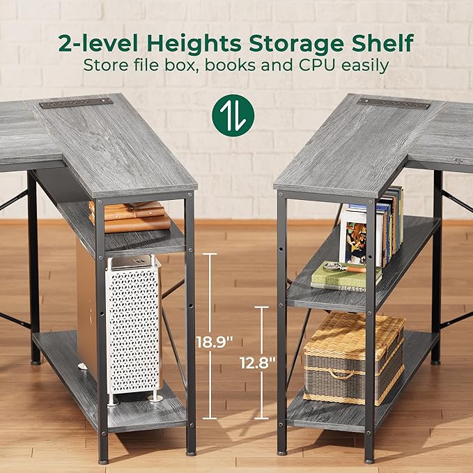 Huuger L Shaped Office Desk with Power Outlets, 55 Inch Computer Desk with 3 Drawers, Shelves, Reverisble for Gaming Corner Work Home Office Study, Grey